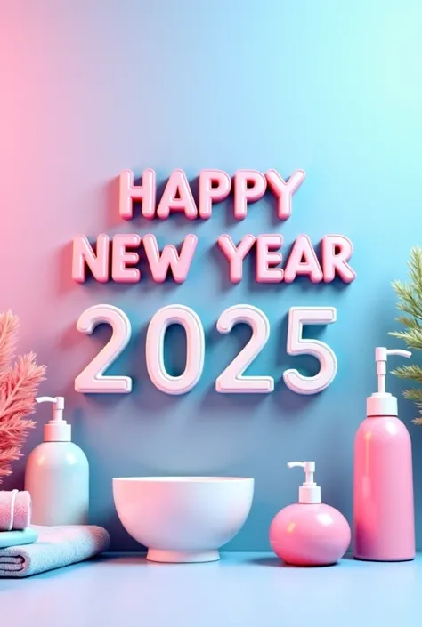 Happy New Year 2025 with clorfull text. Pink and light blue background with bathware items. Lassana Bathware. 