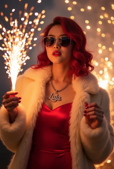  Korean woman standing wearing sunglasses , cream and red hair ,  in red dress and luxurious white fur ,  New Years Eve background fireworks on top of building, holding fireworks ,  wearing necklace with letter name Lala 