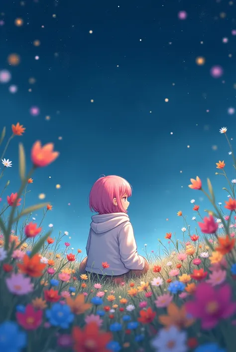 A pink-haired girl in a white Vietnamese hoodie is sitting picking flowers in a field full of colorful flowers with a starry sky