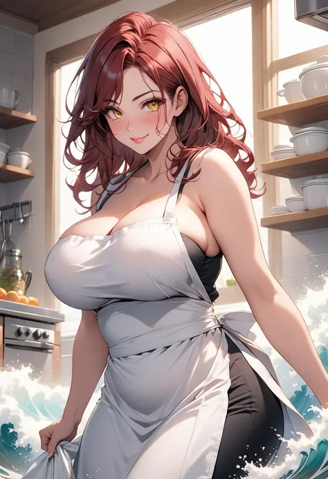 Tall (59") and voluptuous with mature ecurves. Long, dark red hair falling in waves to her waist. Golden eyes that seem to glow with. Full, pouty lips often curved in a knowing smile. Favors kitchen aprons Her breasts are full and heavy, perfect for nursin...