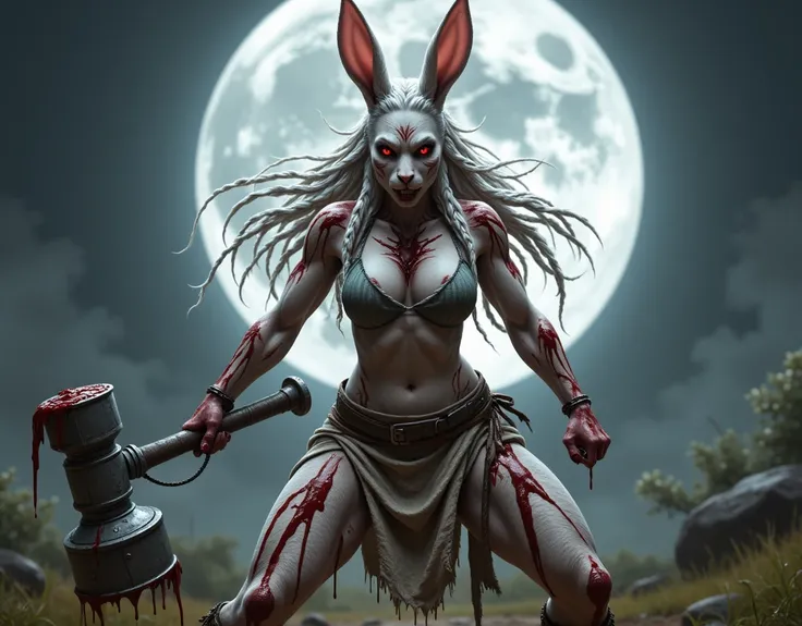 a beautiful slender rabbit woman with long curly white hair braided with rabbit ears, a sadistic look, in peasant clothing, holding a large hammer with both hands, covered in blood and a full moon in the background, fantasy art, epic fantasy character art,...