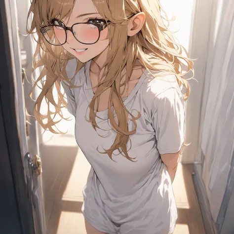 masterpiece, highest quality, Messy Hair, White clothes, Glasses,arms behind back,focus face,smile,princess Zelda,