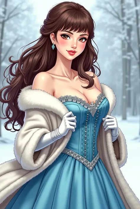 A beautiful manga-style woman with long brown hair and brown eyes wearing a medieval style baby blue gown and a beautiful white fur winter coat and white silk gloves. She has a fringe. She has a robust body and big breasts. She has white skin.