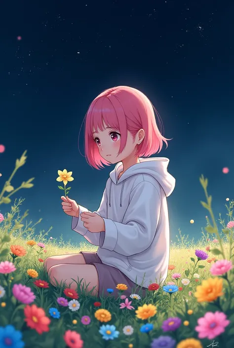 A pink-haired girl in a white Vietnamese hoodie is sitting picking flowers in a field full of colorful flowers with a black starry night sky