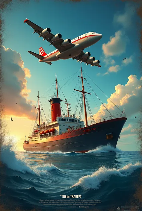 Create an Image with Airplane and ship and the name THE 96 TRADERS on background from the Company THE 96 TRADERS, type words in Portuguese saying Desejamos um Feliz Ano Novo, Muita Paz, Prosperidade e Sucessos para o Novo Ano 2025