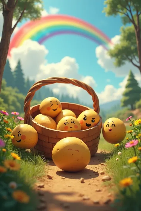 Seven potatoes tumble out of the basket.
The ren are joyfully chasing the rolling potatoes.
Add a rainbow in the sky for a cheerful touch.hyper realistic disney style 