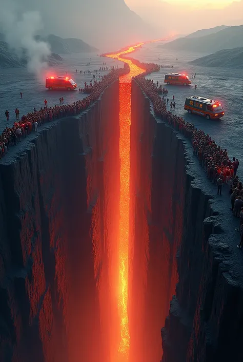 Image of a large geological crack, below the crack is molten lava, on both sides of the crack are many people looking down, many ambulances on both sides, realistic image, 4k detail