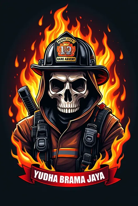  Create a logo for the Gresik city fire department with the name Agni gautama with the slogan YUDHA BRAMA JAYA With a rame and fiery style.  By adding skull elements wearing a fire suit,lid,hose,and firefighting equipment 