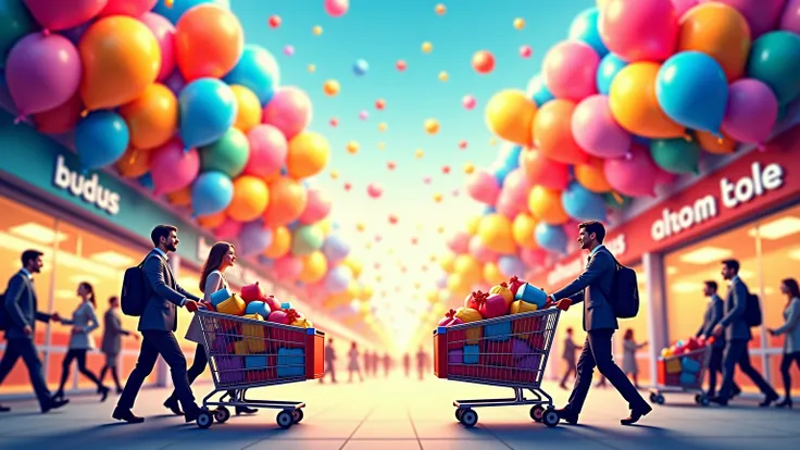 Celebrate the start of the year with spectacular discounts! Imagine a colorful scene with balloons soaring high and trolleys brimming with fantastic savings. Shop now and enjoy incredible bargains!