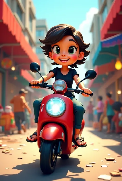 cartoon 4D, seorang wanita pakaian kasual,  wearing a black t-shirt and cargo pants bottoms, flip flops ,  riding a Honda Scoopy motorcycle .  crowded city market background .