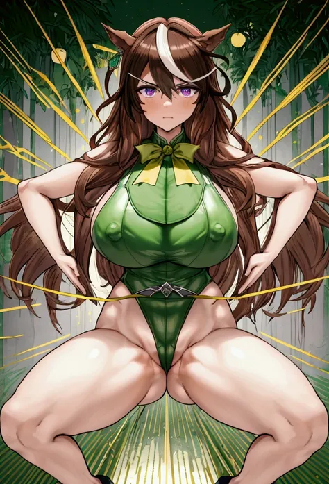 ( symbolic Rudolph),( Brown Hair )、( longhair )、( green costume)、(Horse&#39;s ears)、(Follow the instructions)、(((Haigure pose )))、(Leg spread)、(Bow-legged)、(Bow legs)、((Align your fingers))、(( they place their hands on their thighs ))、((Glare with sharp ey...