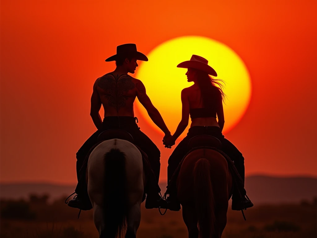 Fashion photo inspired by the movie Brokeback Mountain features two handsome Korean models holding hands, not wearing delicate cool tattooed shirts, wearing cowboy hats, expressing confidence and romance, wearing short jeans, which makes the image stand ou...