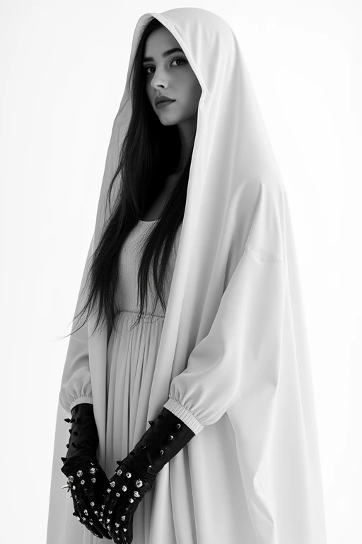 The image is a black and white photograph of a woman wearing a white dress with a hood covering her face. The hood is covered with a white veil that covers her entire head and shoulders. The womans hair is long and dark, and she is wearing a pair of black ...