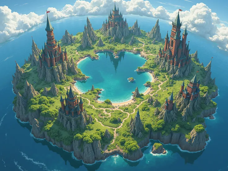 a group of flying islands，halo, game map, Hyrule, Ancient Fantasy Regional Map, Highly detailed map,Detailed Map, Height Map，world map、Isekai Map、Map of the Kingdom、Otherworldly Adventure、、K HD、meticulous、Ground View、Spread up，pixel art, magic floating isl...