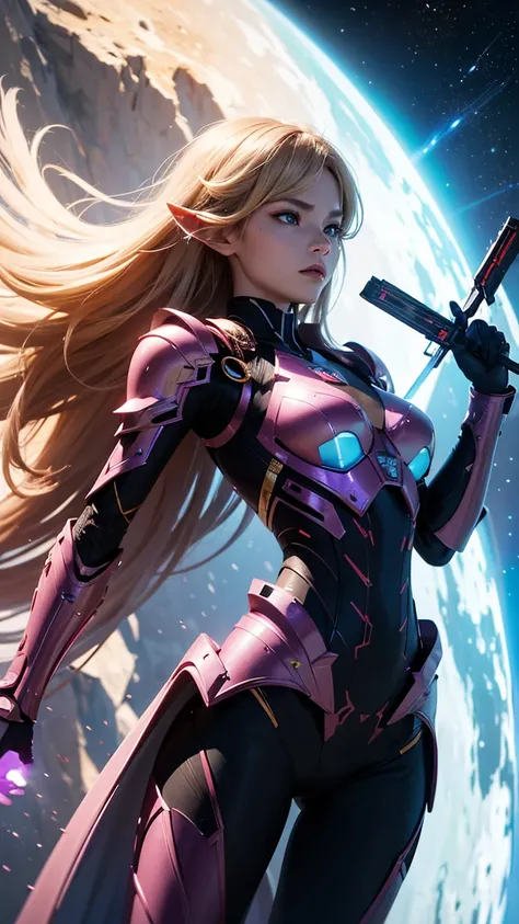 A powerful alien female commander in a dynamic action pose. Tall, athletic build with smooth peach-pink skin. Electric blue cat-like eyes with ruby flecks, angular exotic facial features, and small pointed ears. Long, flowing sandy blonde hair. She wears a...