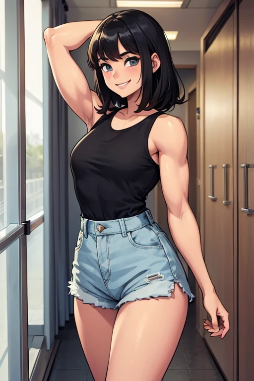 Young girl student adolescent ,  muscular arms , curtain, At school, walking down the hall, short shorts , smiling , showing off your biceps 
