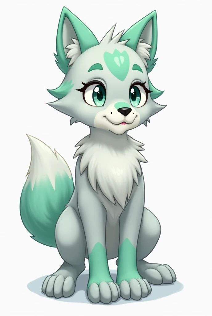  Draw a reference sheet of a fursona to make a fursuit , That the animal is a wolf ,  that the color of its body is almost entirely light gray and also add the color mint green in some areas strategically to make it look good 