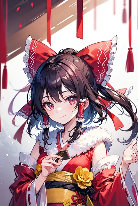  Hakurei Reimu,smile, cute, kimono,New Year,Bright high resolution, masterpiece,  won numerous awards, accurate,  top quality ,  High Definition Model ,  retina,  Textured Skin,  Ultra Fine, 