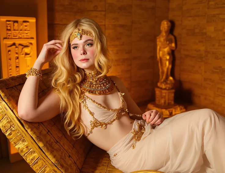 "A highly detailed and ultra-realistic photorealistic image of a model inspired by Elle Fanning, depicted as a regal Egyptian queen. She has long, golden blonde hair styled elegantly to emphasize her royal appearance, and she is looking directly at the cam...