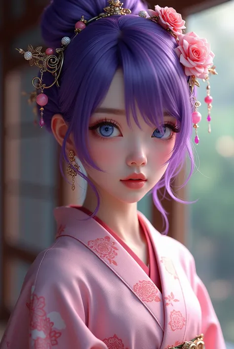 Beautiful Woman with Purple Hair 　Fancy hair accessories　 Pink Patterned Kimono 　 Blue Eyes Cool Style