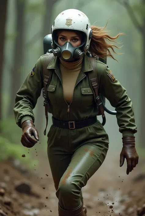 Side view profile view (head to toe) of Head and hair completely hidden, eyes, ears and face by white helmet with visor (covering her eyes) and light gray fighter pilot oxygen mask (hiding her mouth and nose) with attached bold oxygen hose to yellow air ta...