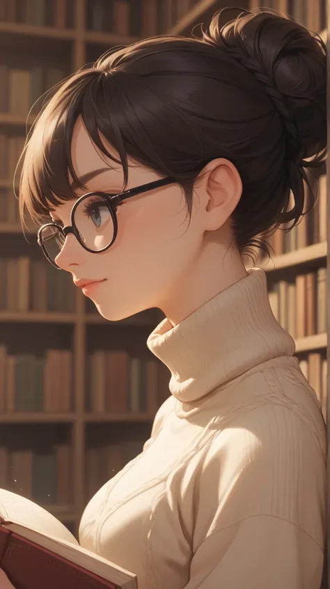 side view, a cute woman in glasses is reading a book in the library, messy bun, glasses, turtleneck sweater, natural light, elaborate details