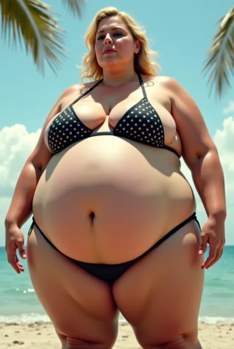 A obese ssbbw feedee with blonde hair and a huge massive ball-like 1,000lb belly in a bikini, full body pic