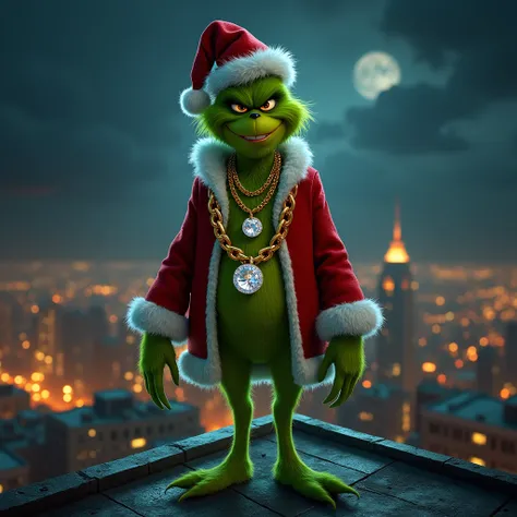 The grinch on the roof of a nightclub with diamonds  big chains around his neck In Santas costume