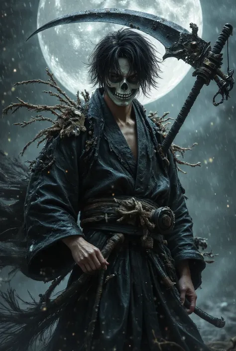 1boy，male focus, (kurosaki ichigo)，grim Reaper，(White skull mask on face:1.5)，Disheveled black hair，Black hakama pants，(On his shoulders he carried the Heavenly Lock and the Moon:1.3)，(Black Tai Dao:1.3)，Damaged clothes，outdoor，rain，Very aesthetic，illustra...