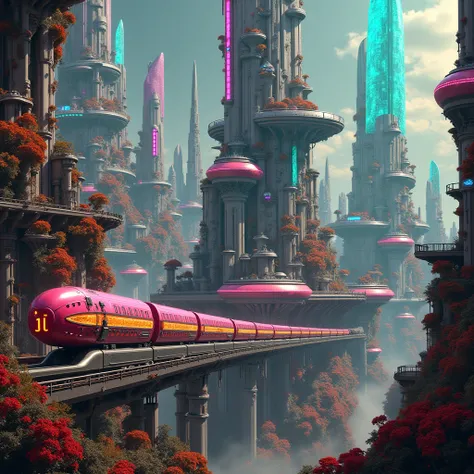  Futuristic City 、 neon lights and trains passing by ,  concept art ：Jason Benjamin,  shutterstock ,   Maximalism  , Fantasy sci-fi city,  CYBERMUSHROOM CITY , Ultra Future City, an  Alien City scape, Alien Future City,  colorful dystopian futurism, futuri...