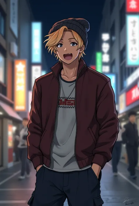 1male, teen, tan skin, finely detailed grey eyes, messy medium hair, strawberry blonde ombre hair color, fitted boomer jacket, designer shirt, baggy pants, standing on street, night time, tokyo streets, excited expression, muscular, beanie, anime style.