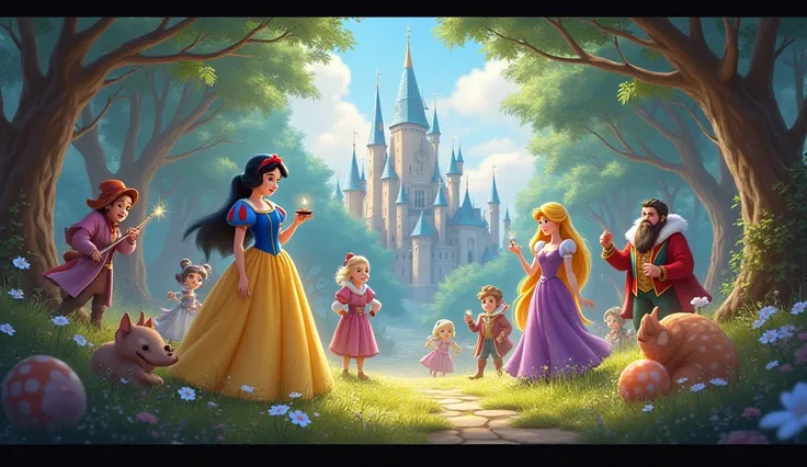 A scene with many fairytale characters