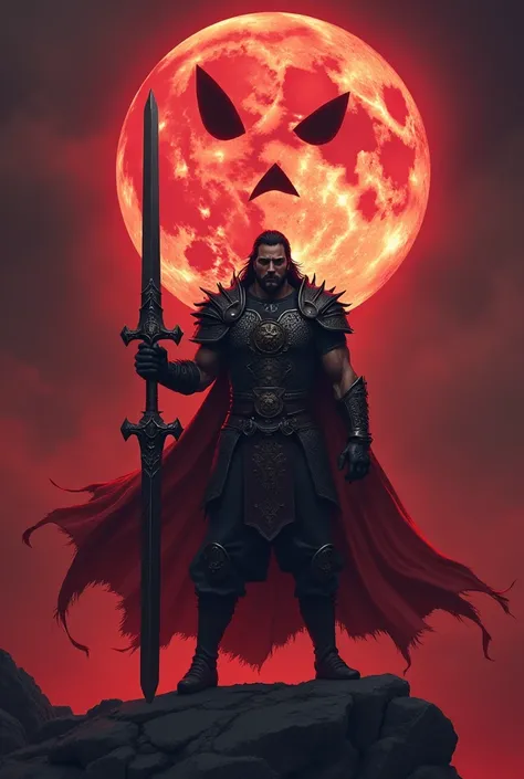 give me a gaming wallpapper .like background red colour and sword holding towords the moon the moon have two dark eyes and monster tooth are looking on him