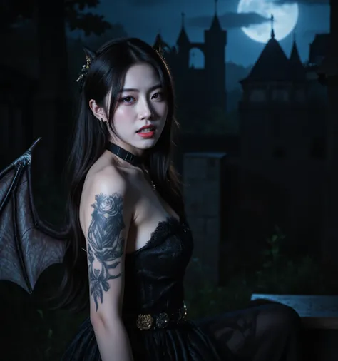 (((A female vampire)))、Beautiful back、 Japanese、vampires 、 tattoo、((Kiva like a wolf:1.7))、(((Vampire Wings)))、 (((my double teeth are growing long)))、My two sharp teeth 、There is a fangs、very beautiful woman、 sexy dress、Background Western castle at midnig...