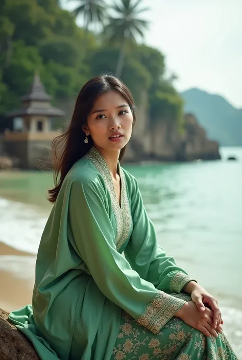 a beautiful Indonesian woman, wearing long sleeve green white kebaya, sitting on the rock infront of hindu temple and beach as background details. look at the viewer, natural light realistic photography, wide angle shot, 4K, High resolution, detailed face ...