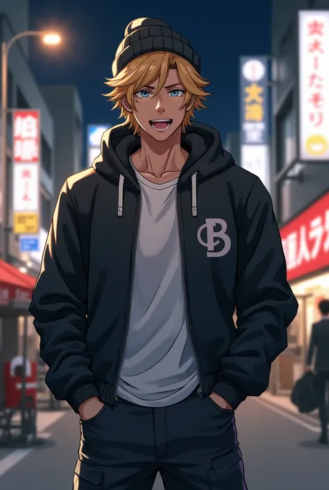 1male, teen, tan skin, finely detailed grey eyes, messy medium hair, strawberry blonde ombre hair color, fitted boomer jacket, designer shirt, baggy pants, standing on street, night time, tokyo streets, excited expression, muscular, beanie, anime style.