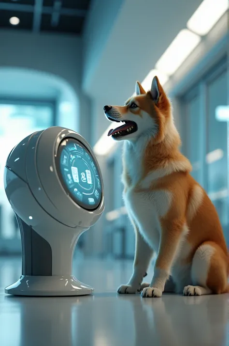 Create a 2020 by 2020 dog image in which a device which use a human to translate voice into humans language 