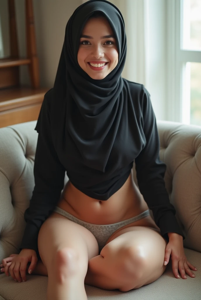 hijab, long skirt, long legs, full body in the frame, smiling, spreading legs out, malay, wearing a panty, showing her legs, showing thighs, sitting down, legs spread out, showing her underwear, kicking her left leg up,Looking at viewer, 