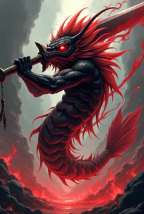 Medium Fish Big Sword,Black mixed with red,, anime stripes, ,old,Magical ,dangerous, has red power,