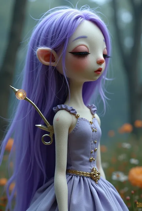 rag doll, with long purple hair, It has a shiny glass-colored magic scissor on the back