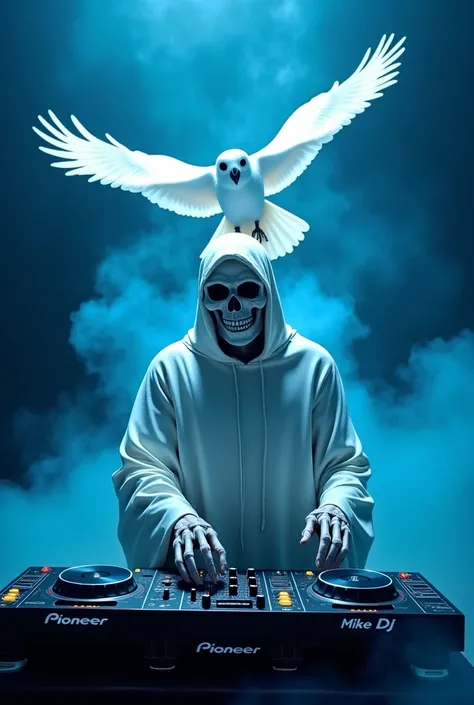 Santa Muerte Blanca dj ,  with PIONEER controller,  controller with black background with blue smoke with a beautiful white owl flying with open wings