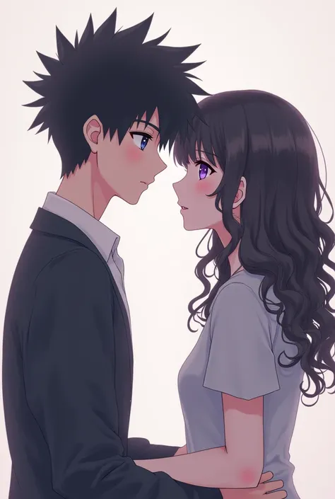 Anime couple,megumi_fushiguro, black hair, black eyes, spiked hair, short hair, bangs, hair between eyes, with a girl, has long black curly hair, purple eyes, has star pupils