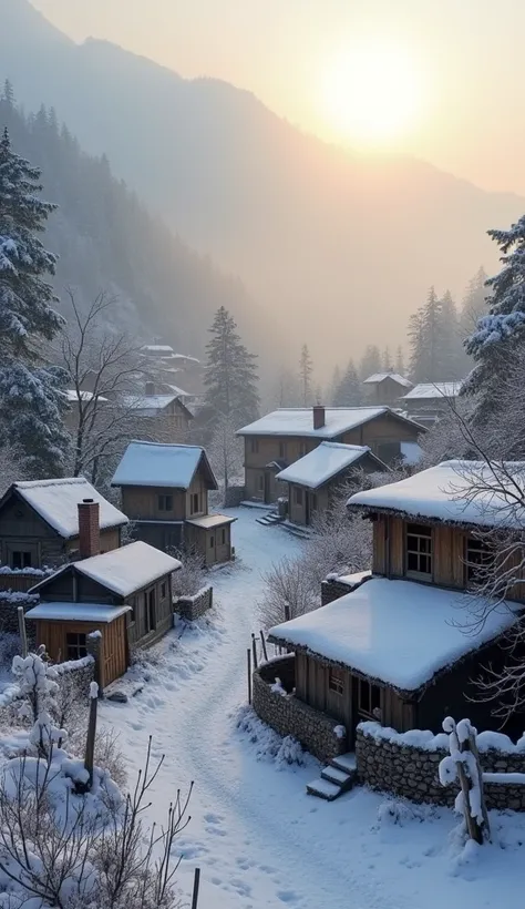 A peaceful Nepali village blanketed in snow, with mud and bamboo houses dotting the landscape. The early morning sun casts a soft golden light, and a thin mist rises from the chimneys of the houses, blending with the cold air.
