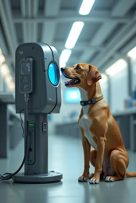 Create a 2020 by 2020 dog image in which a device which use a human to translate voice into humans language 