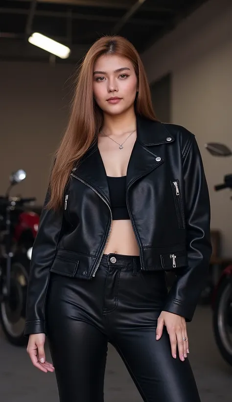 The stunning model, adorned in a luxuriousblack leather-look two-piece outfit, represents the pinnacle of fashion innovation. This piece highlights the intricate craftsmanship and advanced design capabilities of AI, making it a must-have for any fashion en...