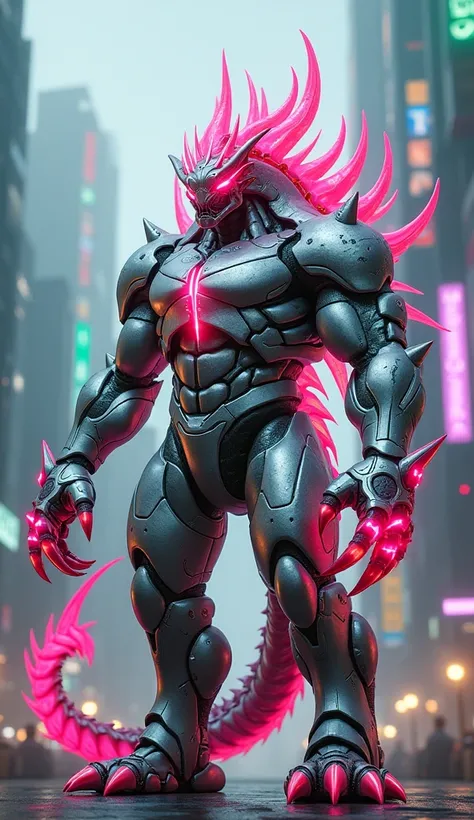 A massive, muscular hybrid of a scorpion and dragon fruit, standing in a futuristic world. Color: Metallic silver body with vibrant pink and green accents, glowing spines. Environment: Futuristic cityscape with neon lights, towering skyscrapers, and digita...