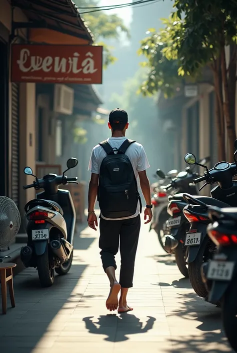 "A narrow indoor passageway with tiled floors, lined with motorcycles on both sides. A man is walking away from the camera wearing a white shirt, black pants, sandals, and a black cap. He is carrying a large black backpack slung over one shoulder. The back...