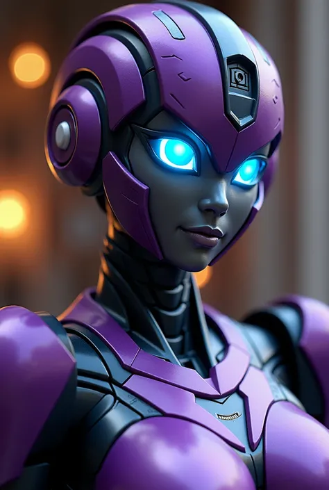  Elita-one a female  autobot. Optimmus prime’s sister  robot from transformers in the family room. Looking at and standing up super close to the camera like a close selfie  
Female Elita-one metallic robot face
Dark metallic purple very  muscular autobot b...