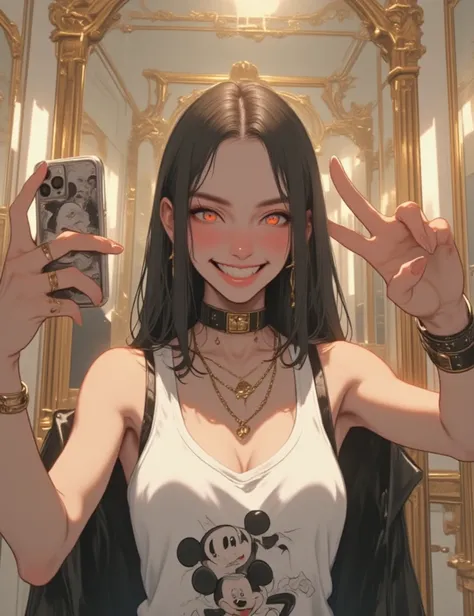 plano general,full body, 1 gorgeous young girl with very long braided black hair, she looks the wrong way, with an evil smile she has gorgeous legs, BREAK/, accessory: chain, earring, wrist bracelet. BREAK/, clothing: she wears a white tank top printed on ...