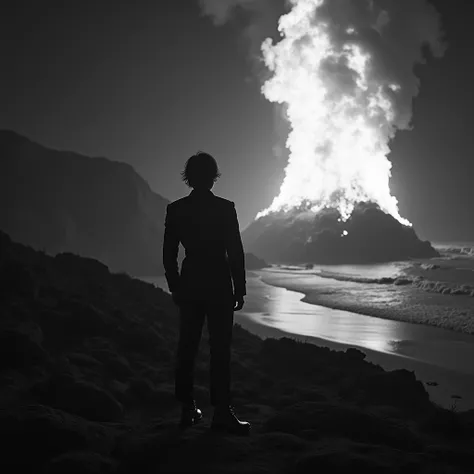 Black and white surreal photo , night coast view . A shoulder-length, shoulder-length man in military uniform stands in awe looking at the huge fire burning before his eyes.